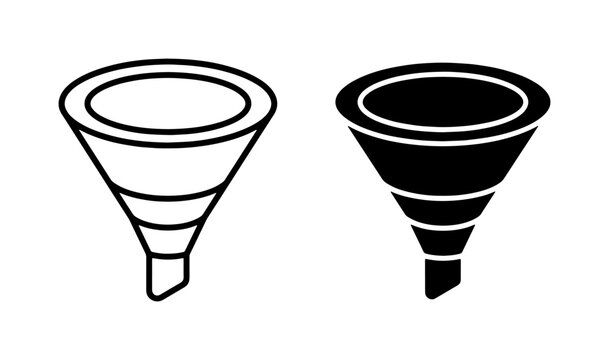 Two Funnel Icons: Black Silhouette and Outline Vector Graphics for Filtering and Separation Concepts