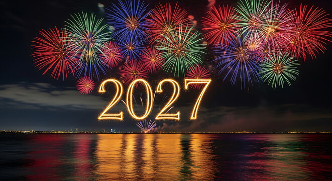Happy new year 2027 vibrant fireworks celebration over ocean skyline