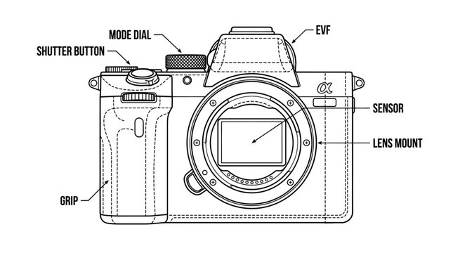 Professional DSLR mirrorless camera technical diagram line art detailing lens sensor dial controls and photographic gear