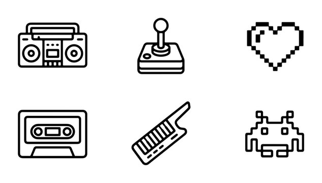 Retro 8-bit Gaming Icons: Boombox, Joystick, Pixel Heart, Cassette Tape, Keytar, Alien Invader