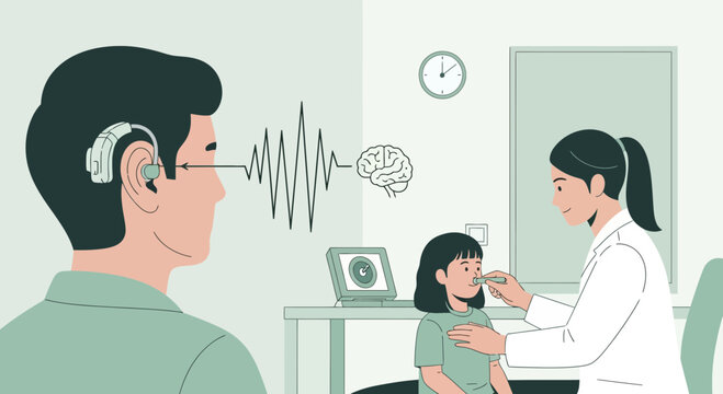 Audiologist examines child with cochlear implant technology illustration