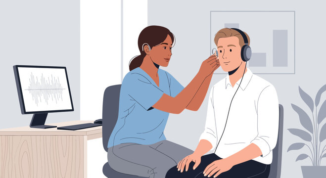Audiologist tests man's hearing with headphones and audiogram EKG display