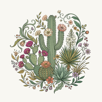 Cactus plants with colorful flowers growing.