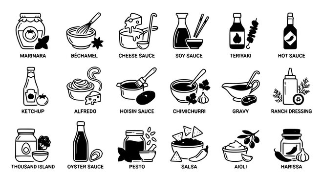 Sauce and condiment outline icon set vector illustration