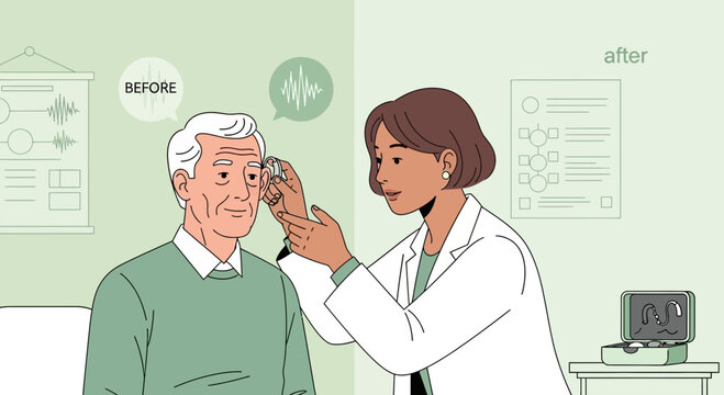 Doctor tests elderly man's hearing. Before and After audiology exam.