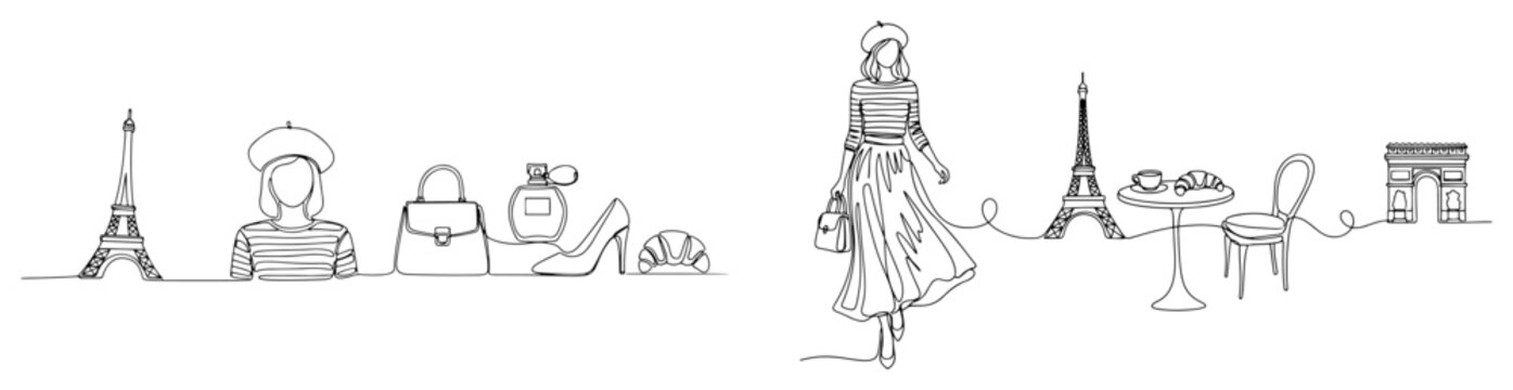 Paris fashion icons and lifestyle elements including Eiffel Tower woman in beret and cafe scene in continuous line art style
