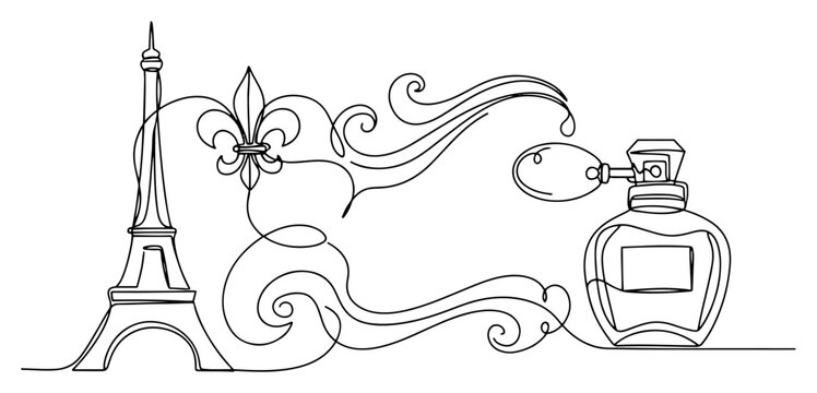 Eiffel Tower combined with fleur de lis symbol and luxury perfume bottle in continuous line art style
