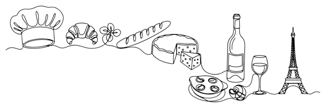 French cuisine elements with wine bottle cheese croissant baguette and Eiffel Tower in continuous line art style