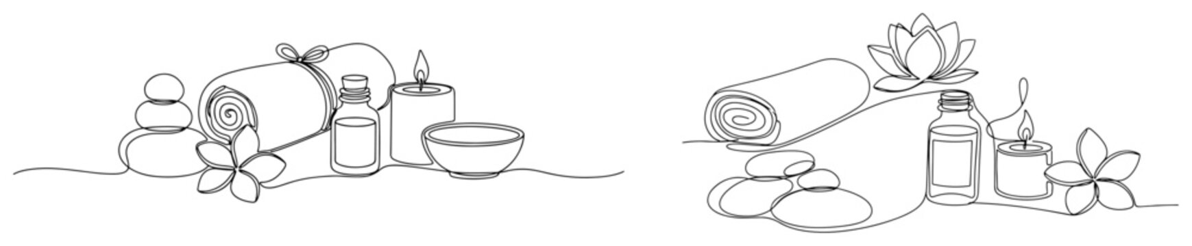 Spa and wellness elements with massage stones towel essential oil and lotus flower in continuous line art style