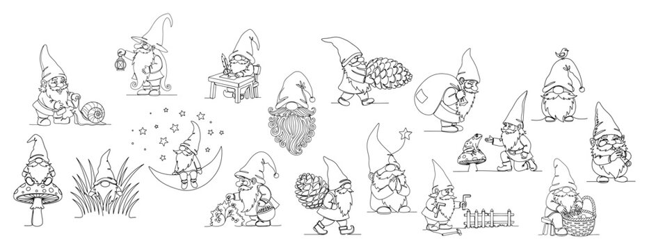 Garden gnomes set featuring dwarfs in various poses in thin line art style