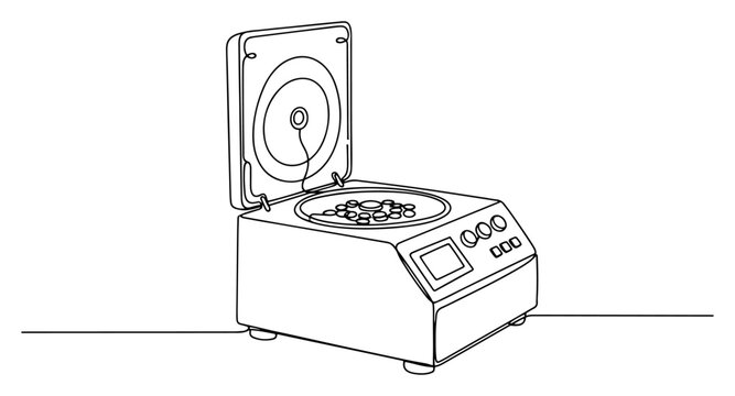 Laboratory centrifuge machine with open lid for medical testing in continuous line art style