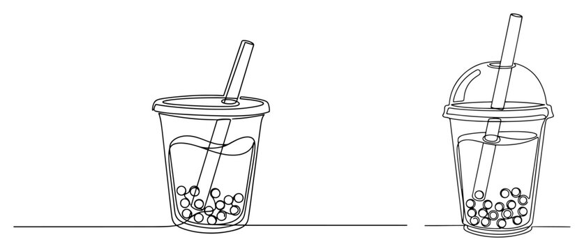 Bubble tea in plastic cups with straws and tapioca pearls in continuous line art style