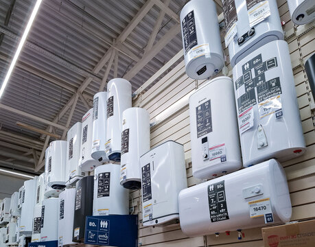 Voronezh, Russia - April 8, 2026.Wide selection of electric water heaters from Thermex and Royal Citadel brands displayed in a hypermarket in Russia