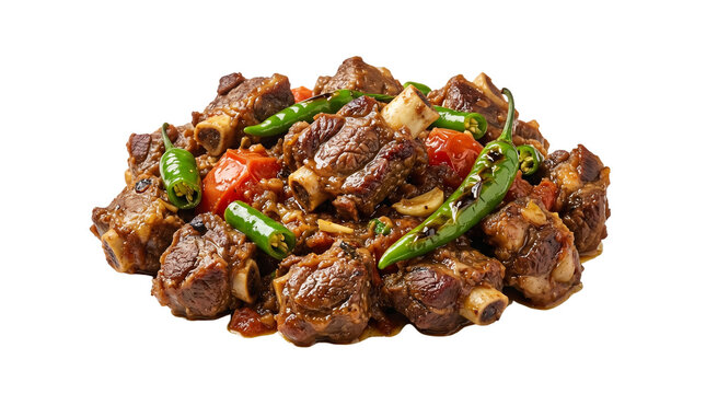 Spicy mutton karahi with green chilies and tomatoes, traditional pakistani lamb curry, savory slow cooked goat meat stew with aromatic spices isolated PNG with Transparent Background