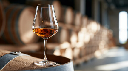 Fototapeta premium Winery cellar atmospheric shot with a single wine glass on a barrel illuminated by a shaft of warm light, intimate tasting experience concept, defocused , with copy space