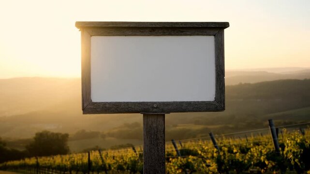 Sunlight shifts over blank signpost in vineyard at sunset