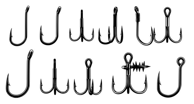 Fishing hook vector icon set featuring single double and treble hooks with sharp barbs lines and eyes for commercial angling equipment