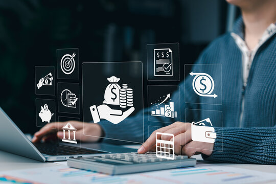 Personal finance management and budget planning concept. Woman using laptop and calculator, showing savings, payment, investment goals, expense tracking, financial reports, cash flow, money control