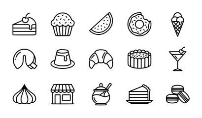 Bakery and dessert line icon vector set featuring cake muffin doughnut ice cream croissant pudding macarons and sweet storefront symbols