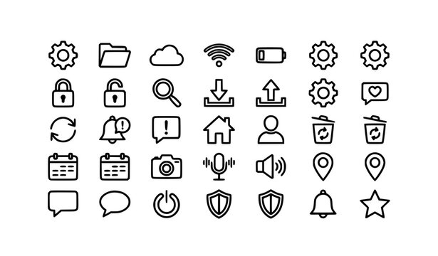User interface line icon set featuring web settings security folder cloud wifi camera home and navigation digital application symbols