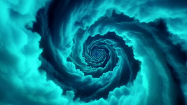 Tracking shot of storm clouds spiraling into vortex in turbulent sky over open ocean atmosphere during approaching storm front