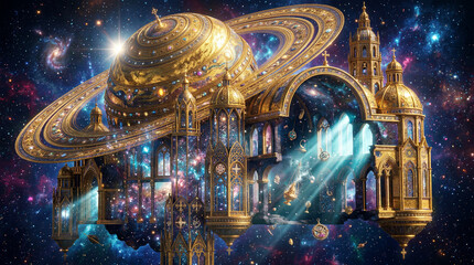 Fototapeta premium Surreal Cosmic Byzantine Cathedral Floating in Space with Golden Domes and Nebulas