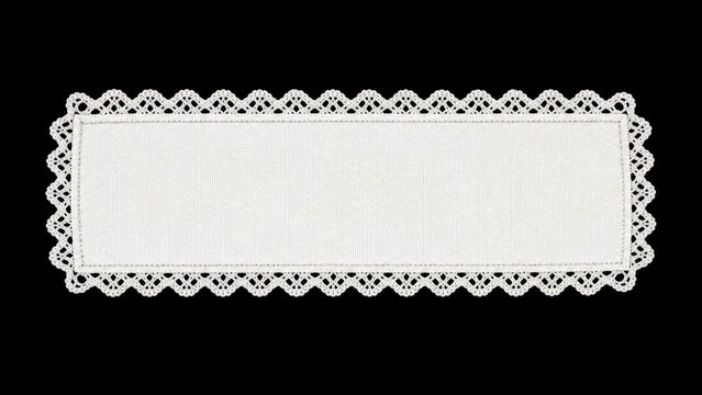 Clean white fabric background with delicate lace border, ready for custom text or design.
