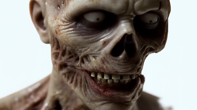 Slow tracking close up of zombie skull head turning and opening mouth in white studio portrait with subtle pan reveal and eerie lighting