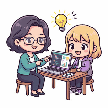 Cute cartoon illustration of a teacher mentoring a young student in computer coding and programming.