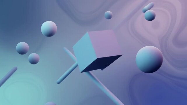 floating geometric shapes in abstract purple gradient background