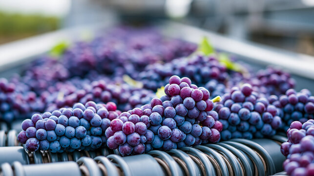 Fresh purple grape clusters falling from a harvesting chute onto a spiral conveyor system in a modern winery, automated wine production concept, defocused , with copy space
