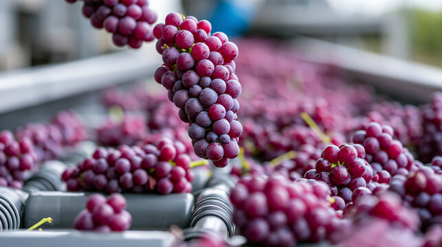 Fresh purple grape clusters falling from a harvesting chute onto a spiral conveyor system in a modern winery, automated wine production concept, defocused , with copy space