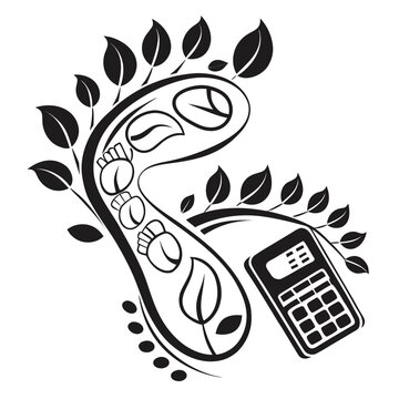 Illustration of a calculator with a tree and footprints black and white calculator