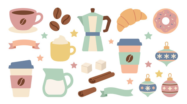 Colorful coffee and pastry icons set.