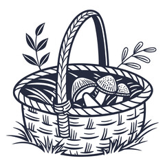 Fototapeta premium Wicker basket filled with mushrooms and plants illustration mushroom foraging basket art