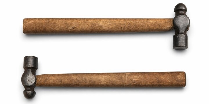 Pair of ball peen hammers with wooden handles isolated on white background.