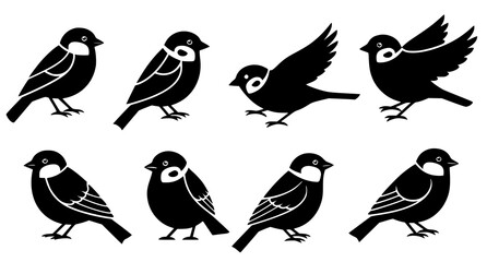 Sparrow and tit bird silhouette icons set with little songbirds sitting and flying vector illustration isolated on white © Mohammad