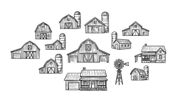 Vintage farm barn and farmhouse building icons set with silos and windmill hand drawn sketch vector illustration