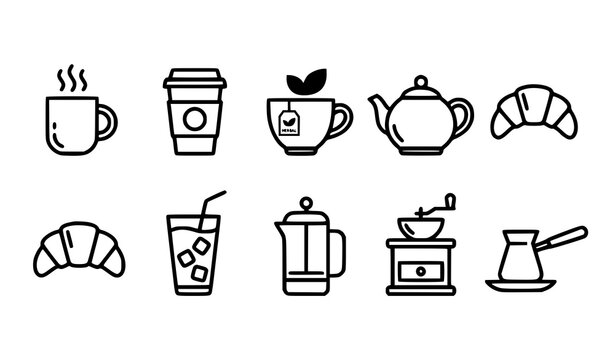 Coffee and tea line icons set with mug teapot takeaway cup croissant grinder and french press outline vector illustration