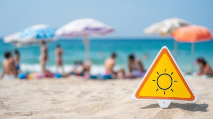 Fototapeta premium Yellow triangular warning sign with sun symbol on beach sand. Safety reminder of intense ultraviolet radiation and heat. Summer season health protection and sunstroke risk awareness concept.