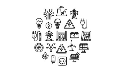Fototapeta premium Electricity and renewable energy line icons set arranged in circle layout with solar panels outline vector illustration
