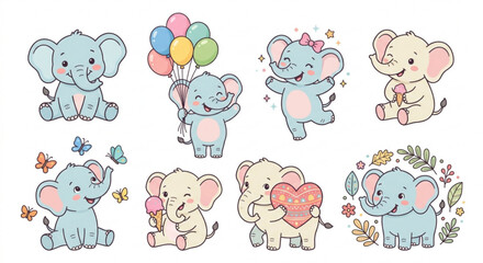 Obraz premium Cute cartoon baby elephant stickers set with balloons heart ice cream and butterflies vector collection