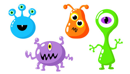 Fototapeta premium A set of cute cartoon monsters collection with colorful funny alien creatures on white background.