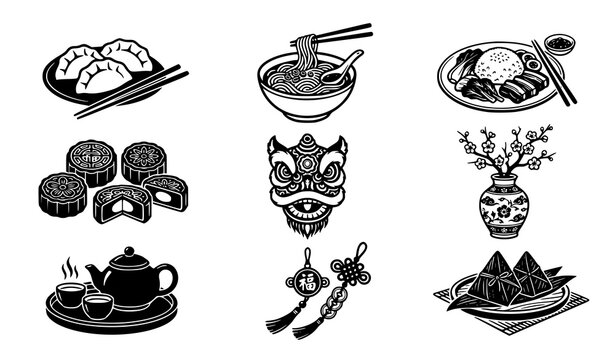 Traditional Chinese cultural icons set with dim sum noodles mooncake lion dance teapot and zongzi vector