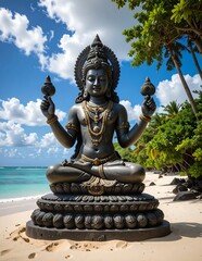 Obraz premium Bronze Buddha statue in serene outdoor setting with ocean backdrop.