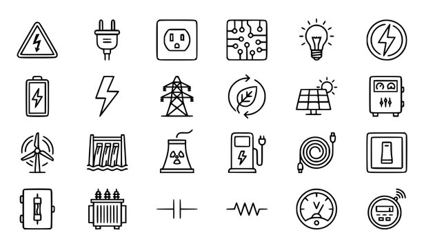 Electricity and electronic component line icons set with plug power battery circuit solar transformer vector outline illustration