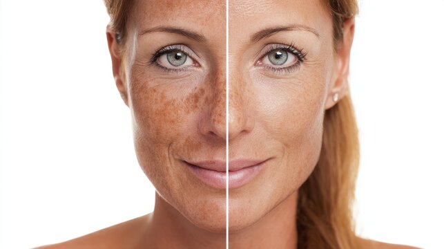 Woman face with face before and after skin treatment. Comparison of skin with hyperpigmentation and clean healthy skin. Cosmetology result, dermatology concept, skincare procedure.