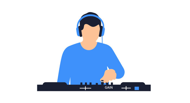 DJ playing music with headphones and mixer, flat design