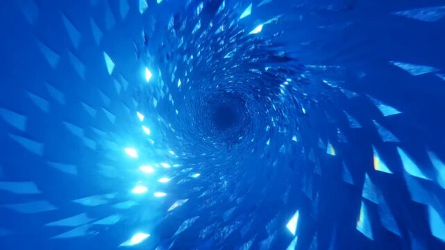 Tracking shot of crystal shard vortex spiraling inward through blue underwater abstract tunnel with reflective glowing facets