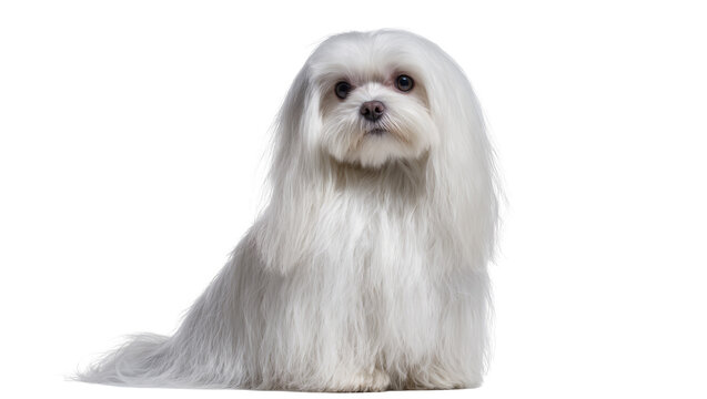 Fluffy white Maltese dog with long hair sitting, isolated on transparent background